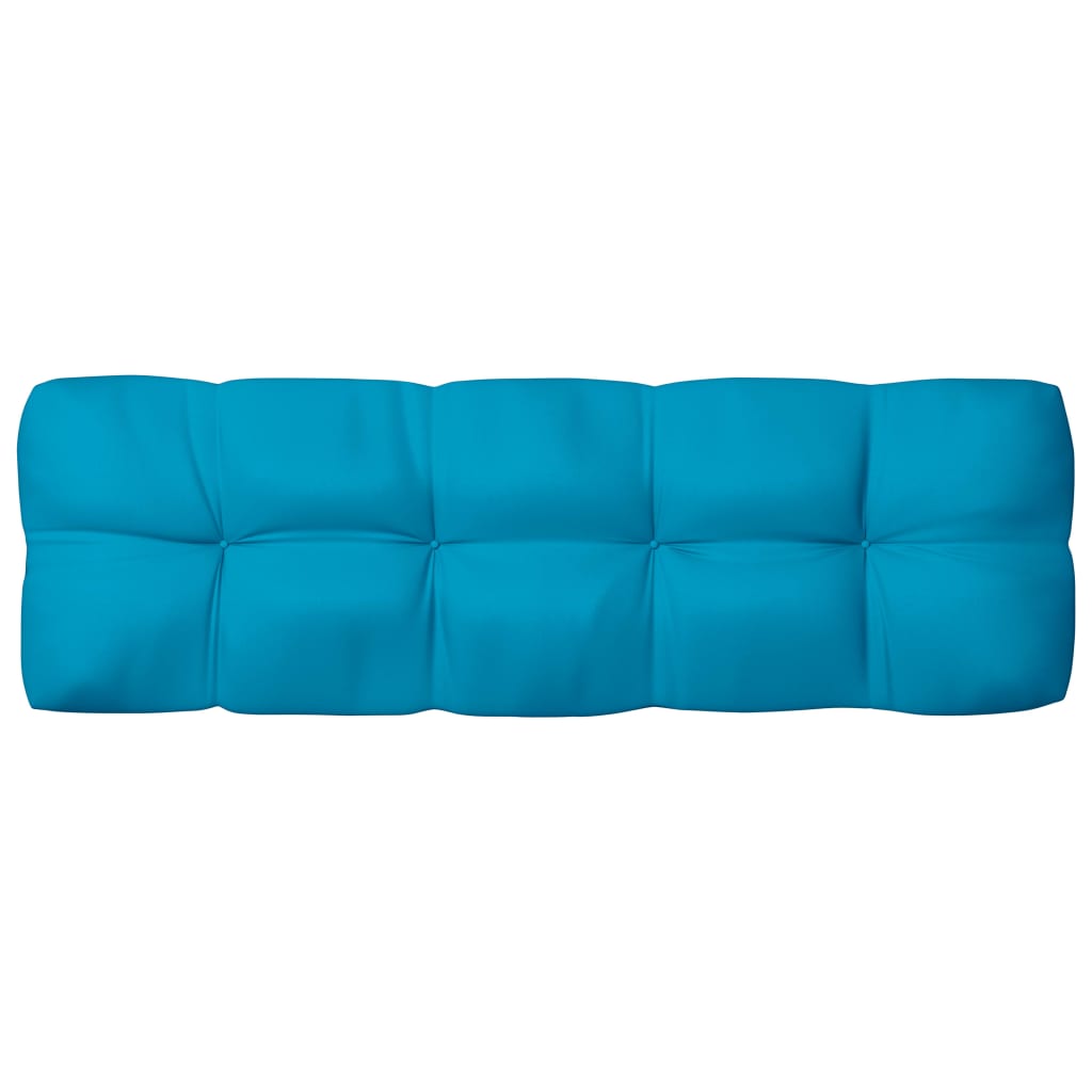 Set of seven blue fabric cushions for pallet sofa, including seat, back, and side cushions.