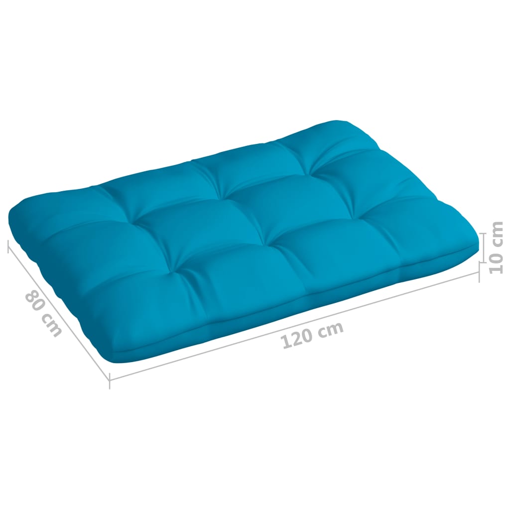 Blue fabric pallet sofa cushion with tufted design, measuring 120x80x10 cm.