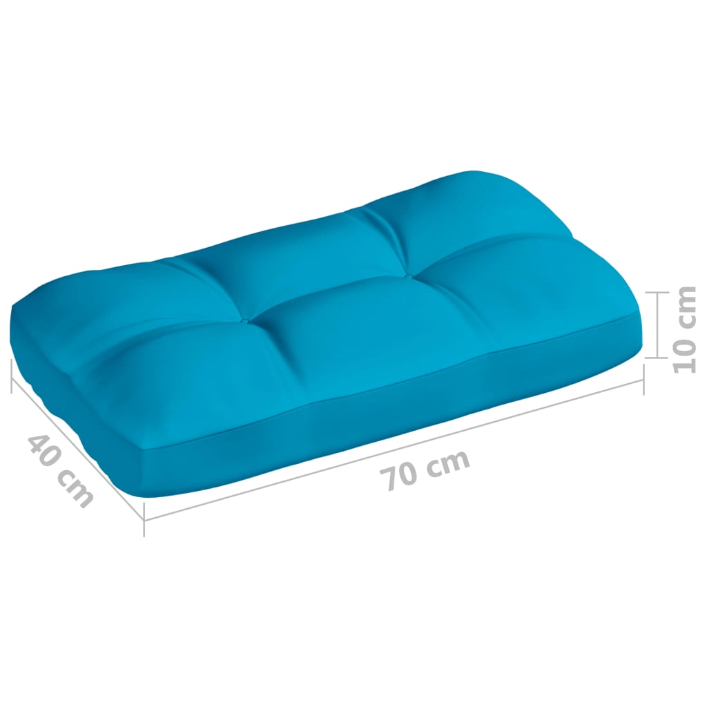 Blue fabric pallet sofa cushion, 40cm by 70cm, with tufted sections.
