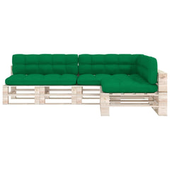 Green fabric cushions set for pallet sofa with water-repellent, thick padding, and durable stitching.