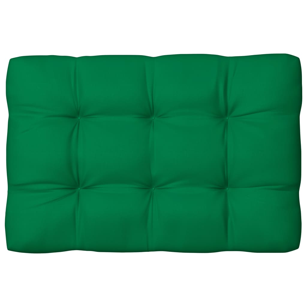 A set of seven green fabric cushions for pallet sofas, including seats, backs, and a side, with tufted design and water-repellent material.