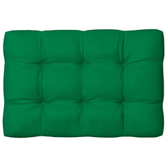 A set of seven green fabric cushions for pallet sofas, including seats, backs, and a side, with tufted design and water-repellent material.