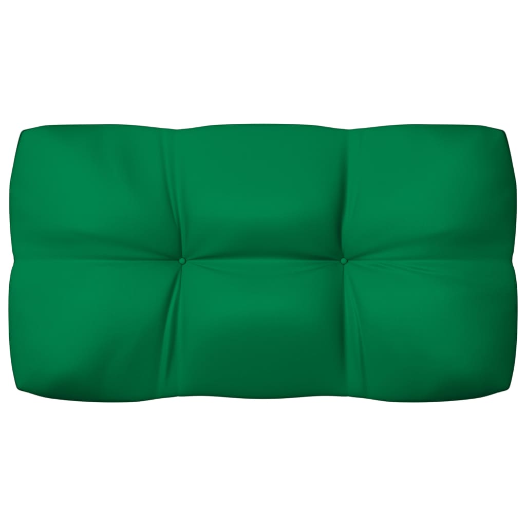 Set of seven green water-repellent fabric cushions for pallet sofa with thick padding and durable stitching.