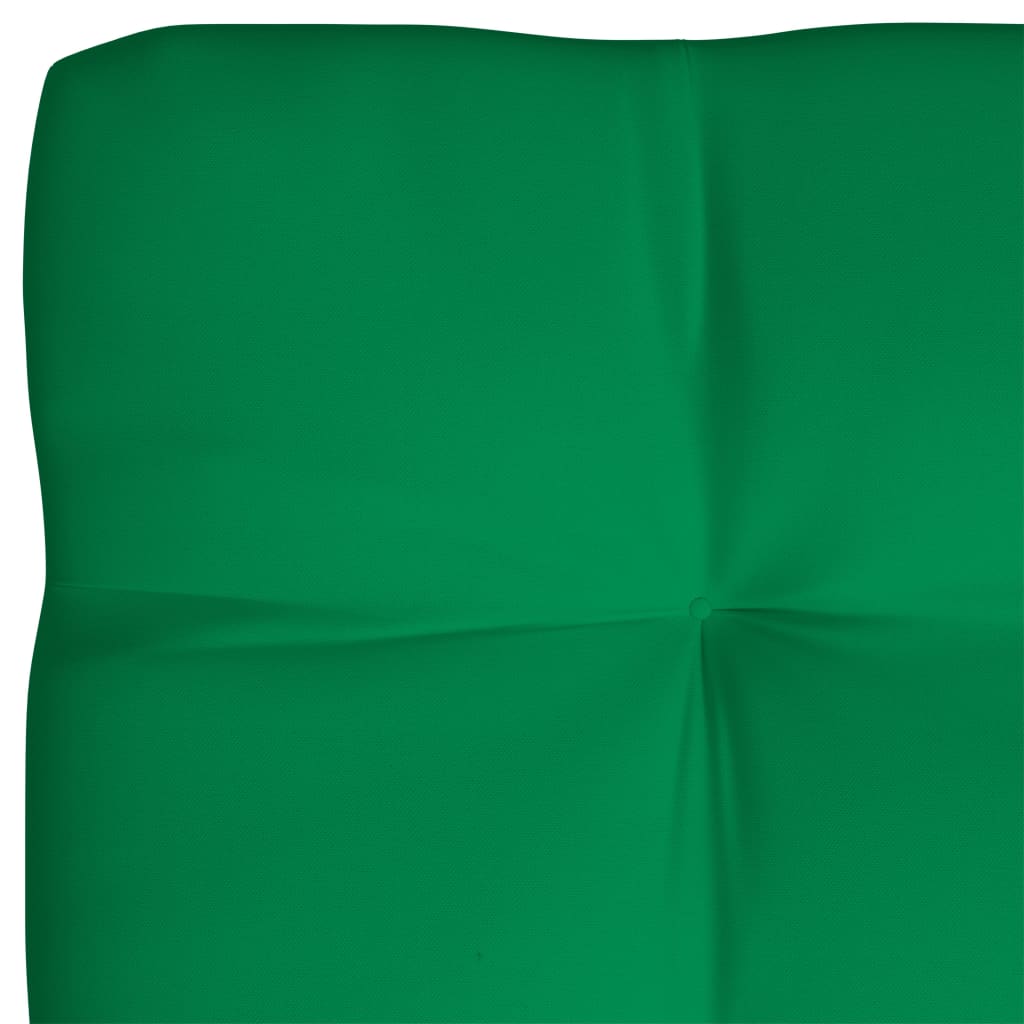 Green fabric pallet sofa cushions, water-repellent, in a 7-piece set.