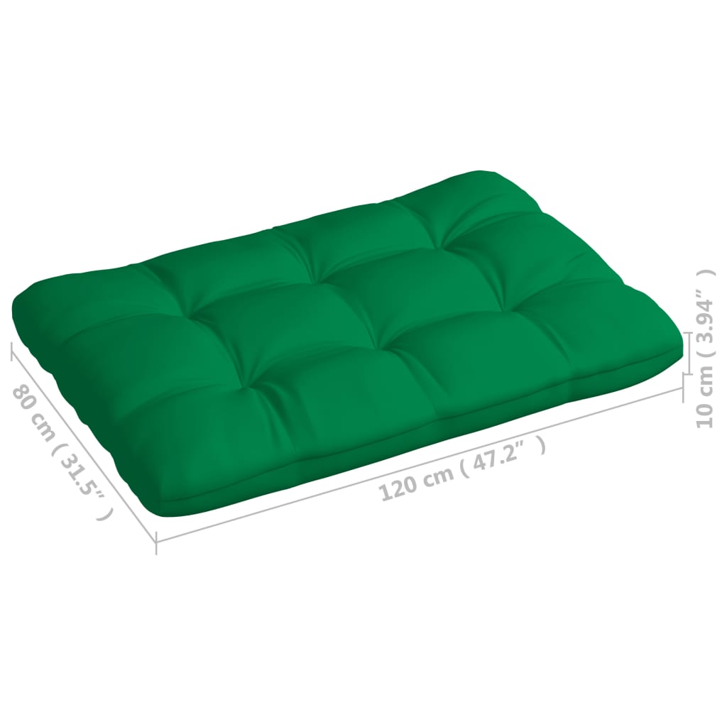 Green fabric pallet sofa cushions in 7 pieces, water repellent, with dimensions shown.