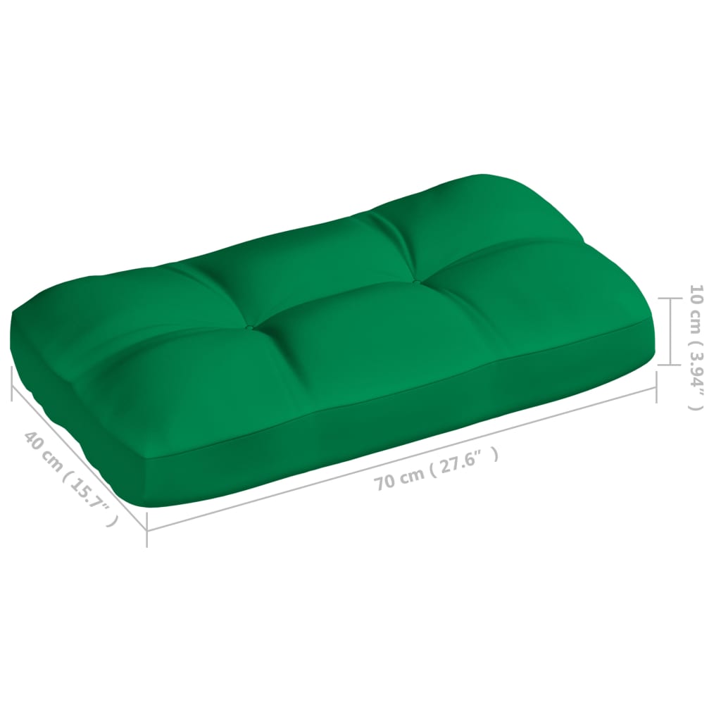 Green fabric pallet sofa cushions in 7 pieces, water repellent, with dimensions shown.