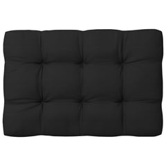 Black fabric pallet sofa cushions with tufted design, water repellent.