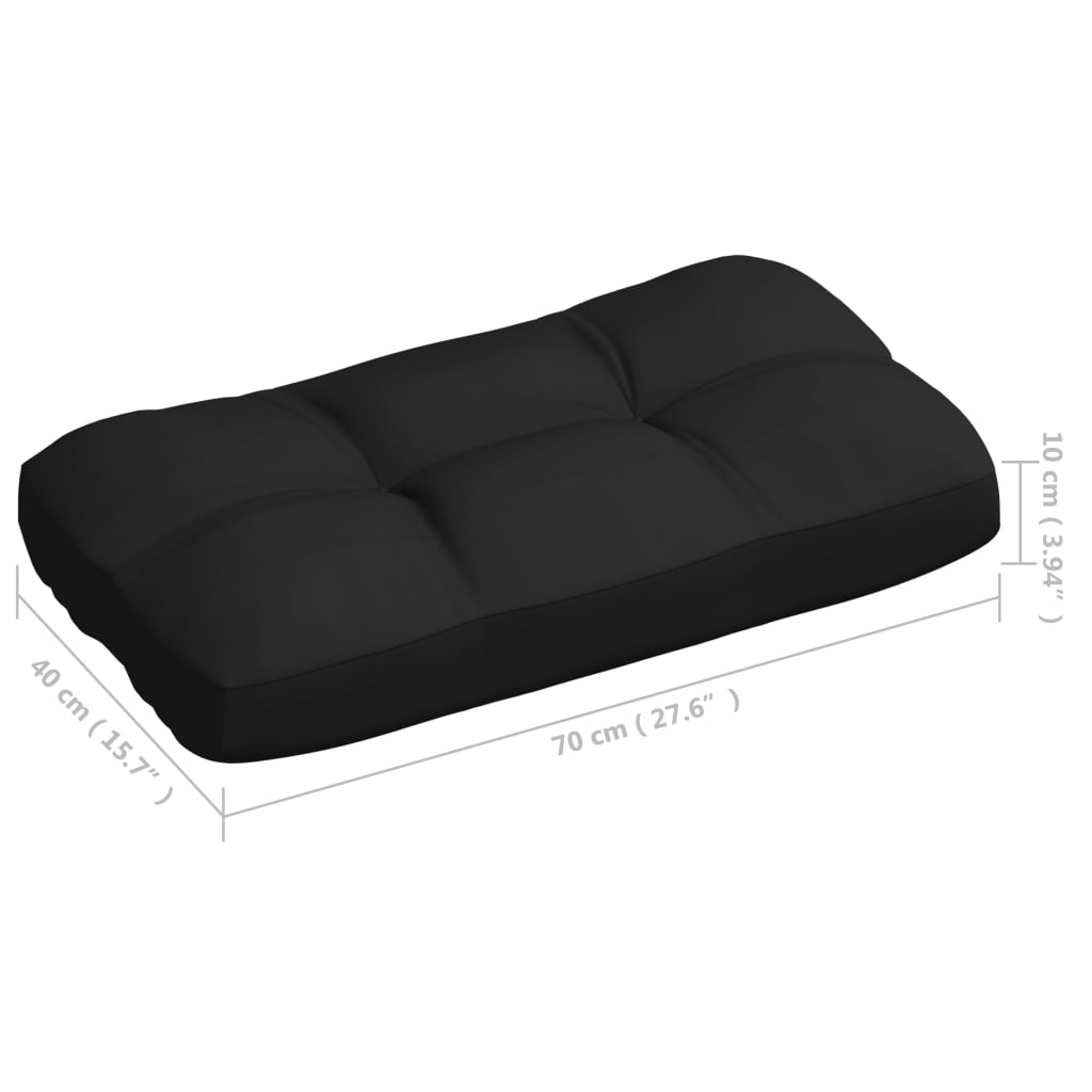 Black fabric pallet sofa cushions with dimensions 40x70x10 cm shown in side view.