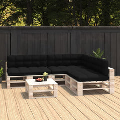 7-piece black fabric cushions for pallet sofa, water-repellent, on wooden pallet setup.