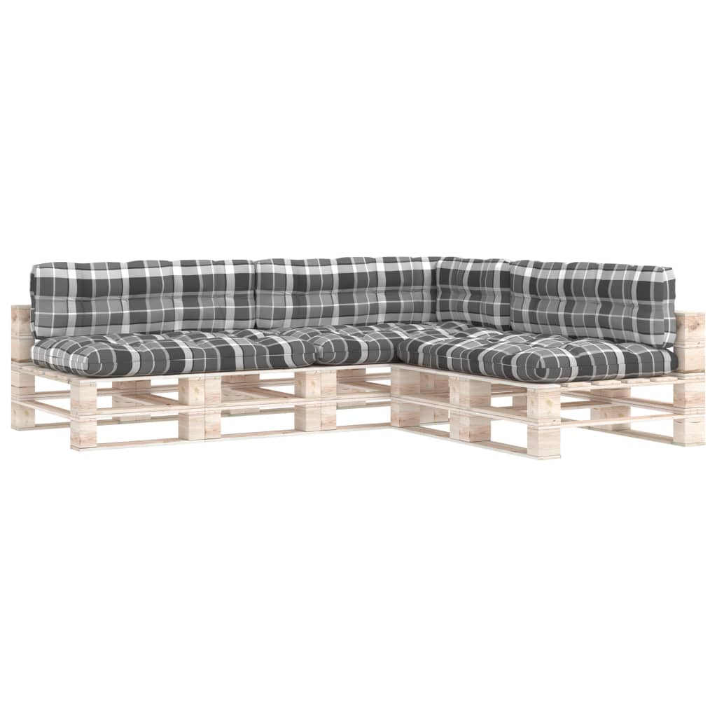 Gray check patterned cushions set for pallet sofa with seat, back, and side cushions.