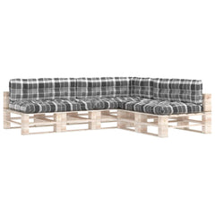 Gray check patterned cushions set for pallet sofa with seat, back, and side cushions.