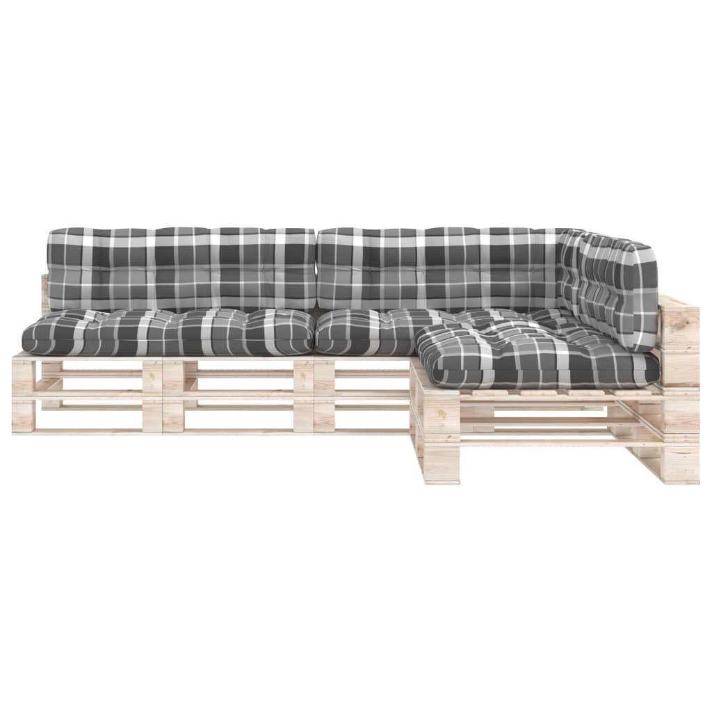 7-piece gray check pallet sofa cushion set with 3 seat, 3 back, and 1 side cushions.