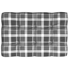 7-piece gray check patterned pallet sofa cushion set with seat, back, and side cushions.