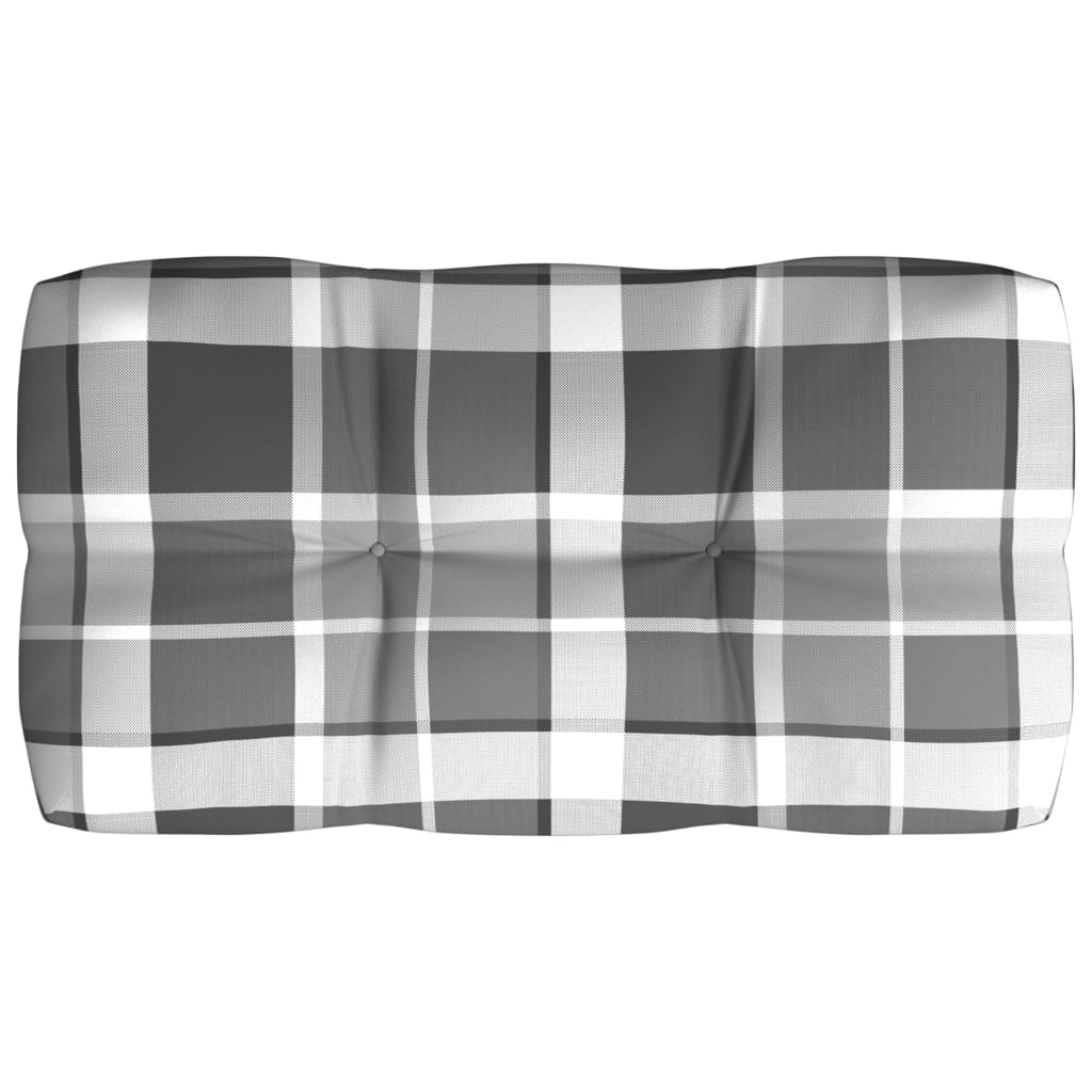 7-piece gray check pallet sofa cushion set with three seat, three back, and one side cushion.