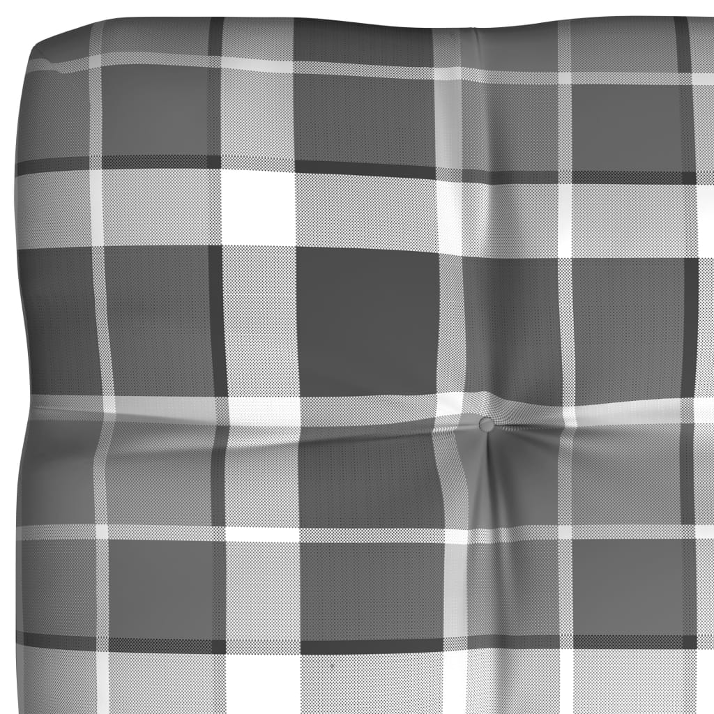 Gray check patterned cushions set for pallet sofa, including seat, back, and side pillows.