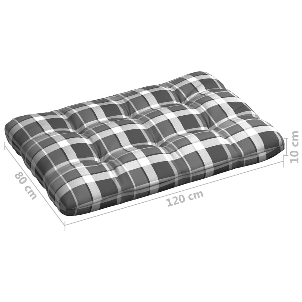 Gray check patterned cushioned set for pallet sofa with tufted, thick padding and durable fabric.