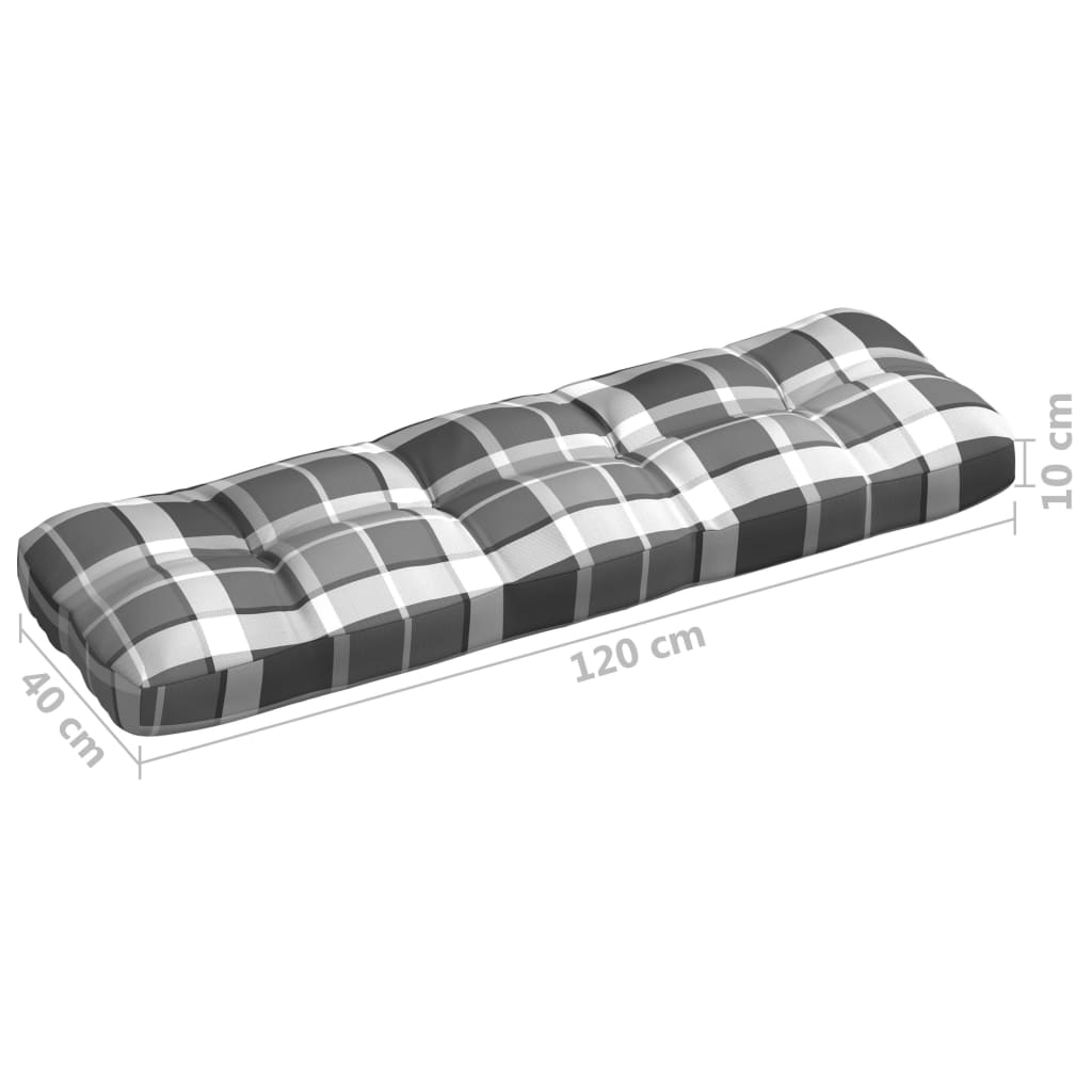 Gray check patterned 7-piece pallet sofa cushion set, including seat, back, and side cushions.