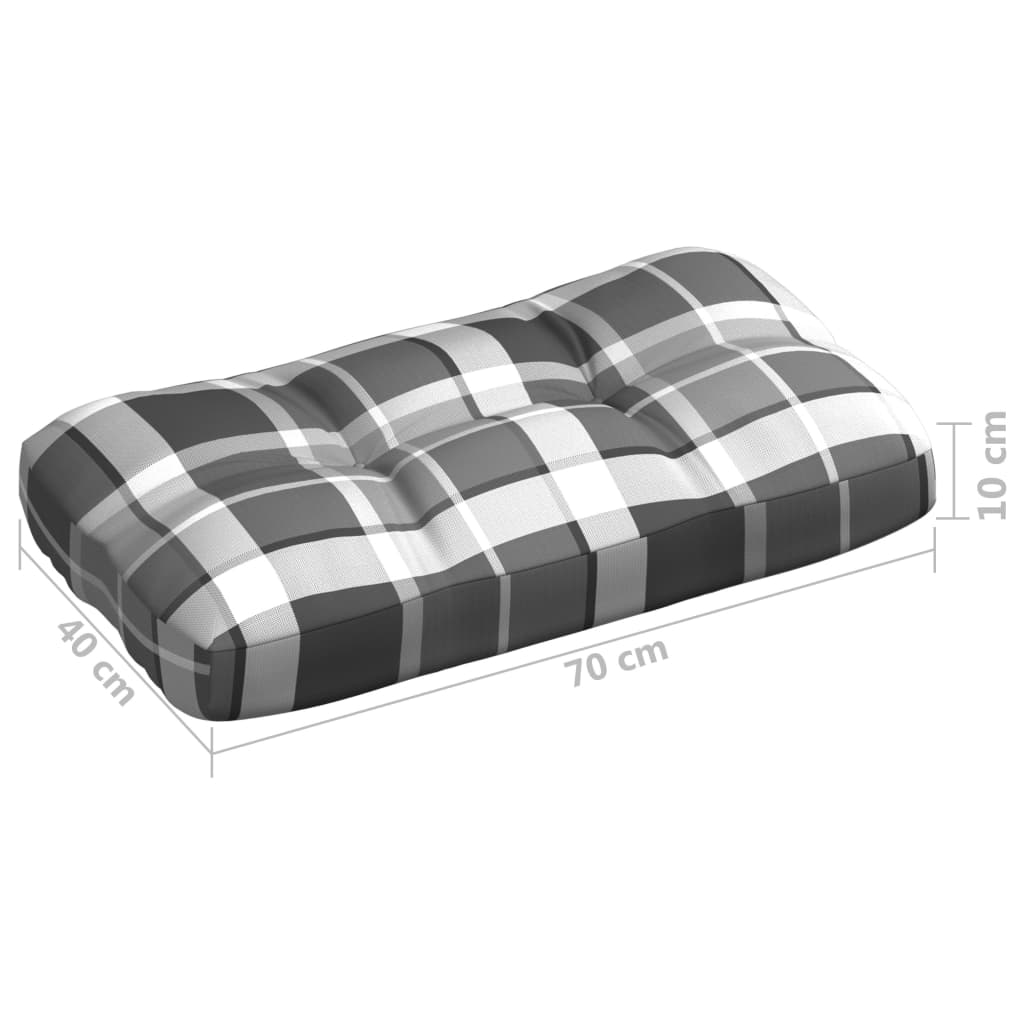 7-piece gray check pallet sofa cushion set with dimensions shown.