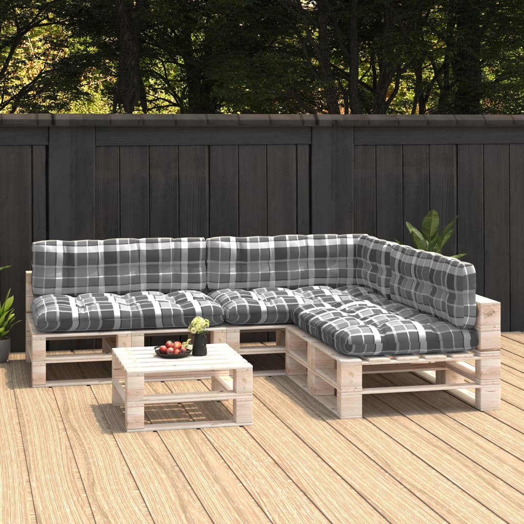 Gray check 7-piece cushion set on a pallet L-shaped sofa with coffee table on deck.