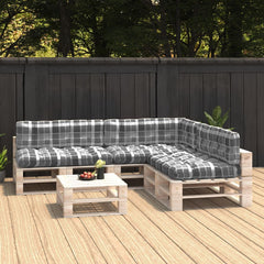 Gray check 7-piece cushion set on a pallet L-shaped sofa with coffee table on deck.
