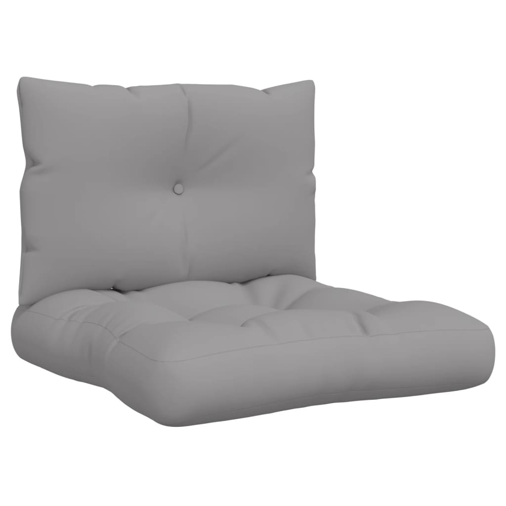 Gray water-resistant pallet cushions set with soft filling for outdoor furniture comfort.