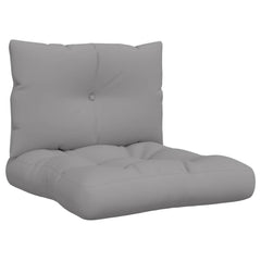 Gray water-resistant pallet cushions set with soft filling for outdoor furniture comfort.
