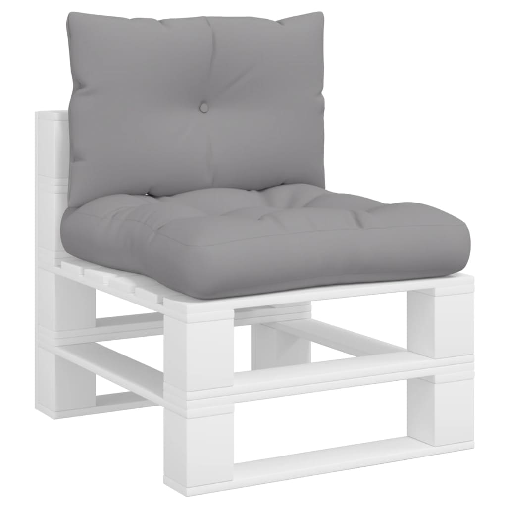 Gray water-resistant pallet cushions set with plush filling for outdoor furniture comfort.