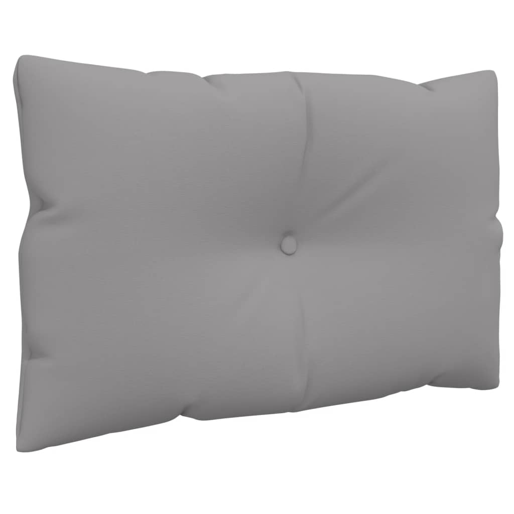 Gray pallet cushions set with water-resistant fabric and soft hollow fiber filling.