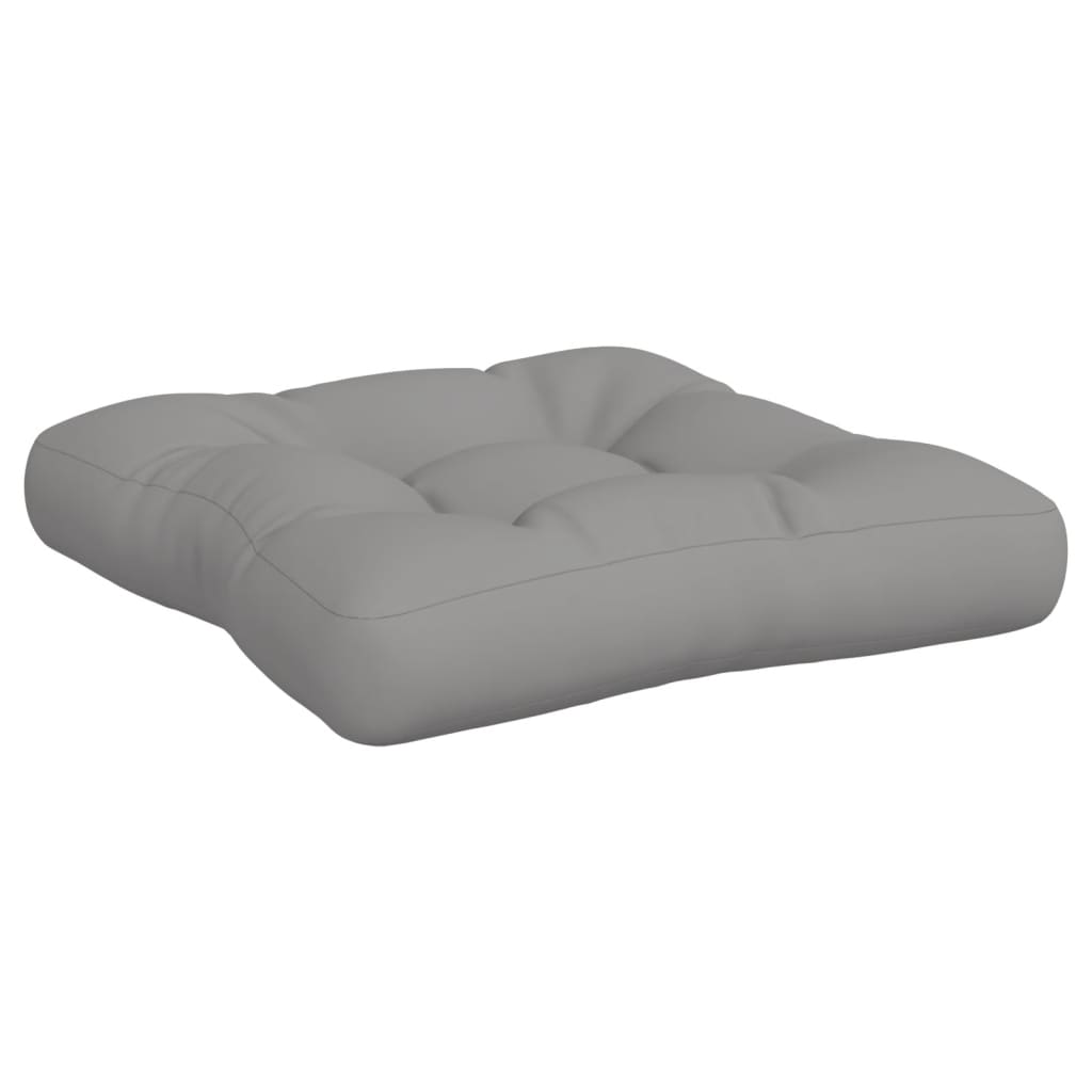 Gray water-resistant pallet cushions set with soft filling for outdoor furniture comfort.