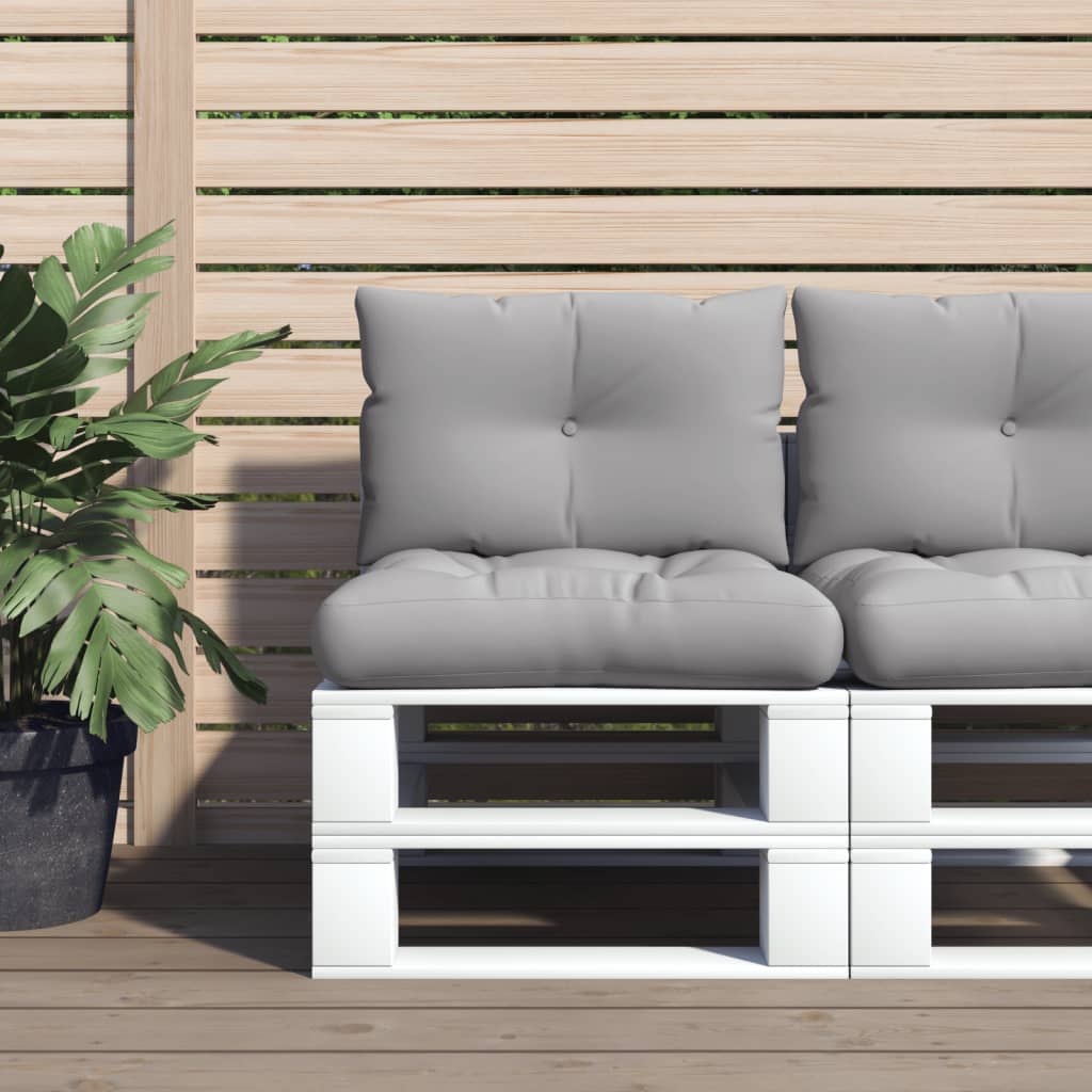 Gray water-resistant pallet cushions set with plush filling for outdoor furniture.