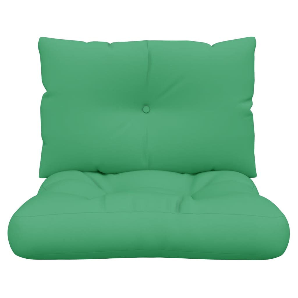 Two green polyester cushions, one seat and one backrest, for pallet furniture.