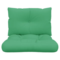 Two green polyester cushions, one seat and one backrest, for pallet furniture.