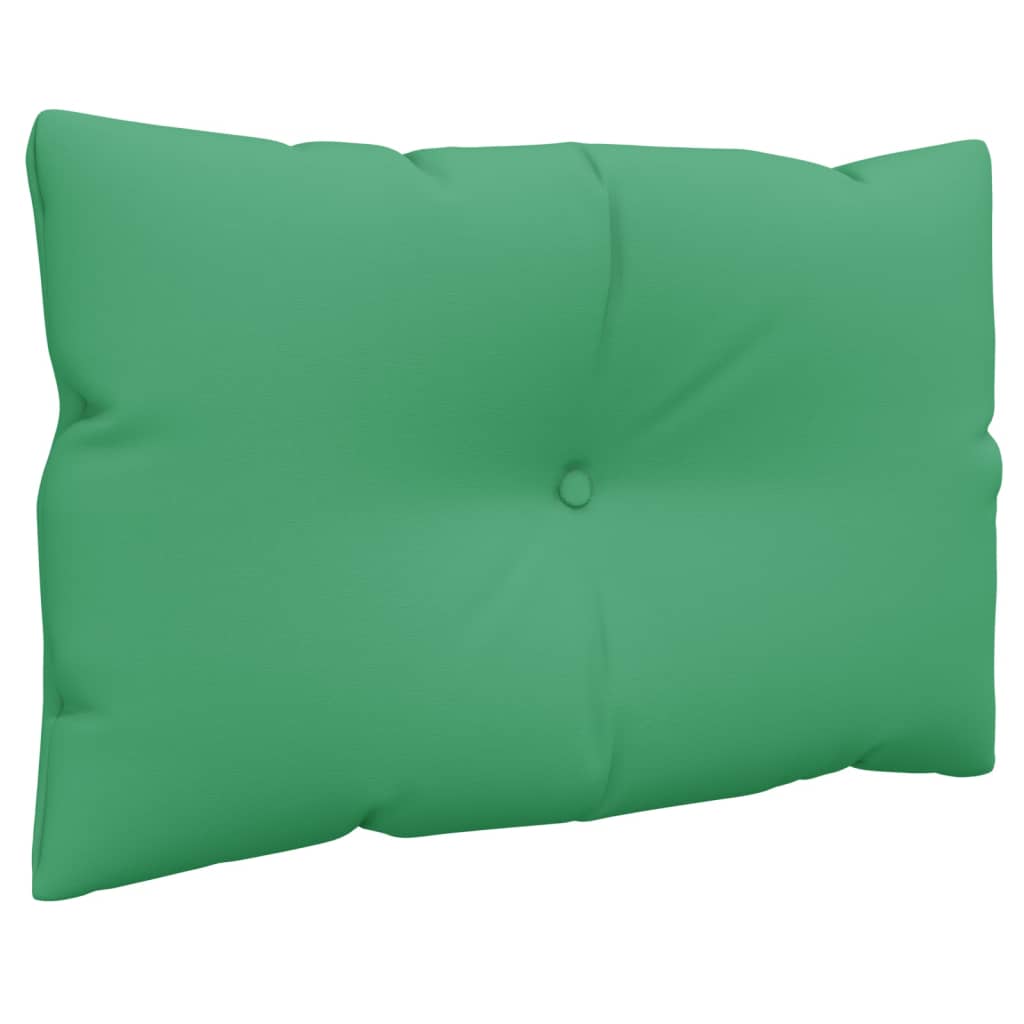 Two green polyester pallet cushions, one seat and one backrest, with tufted design.