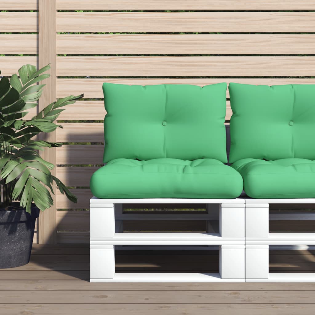 Two green polyester cushions for pallet sofa, one seat and one backrest.