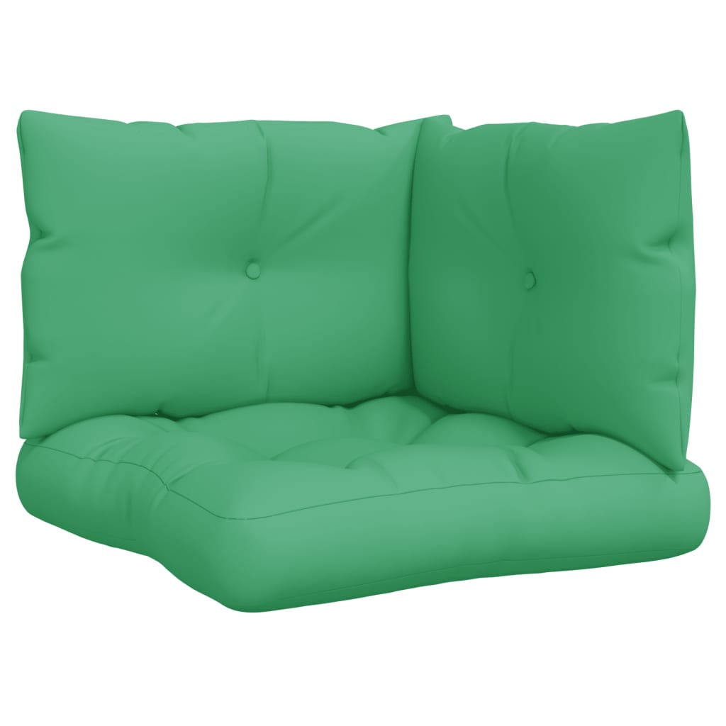 A set of three green polyester cushions for pallets, including one seat pad and two L-shaped back cushions.