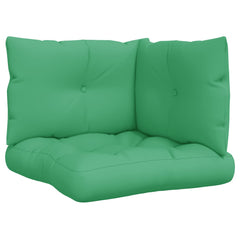 A set of three green polyester cushions for pallets, including one seat pad and two L-shaped back cushions.