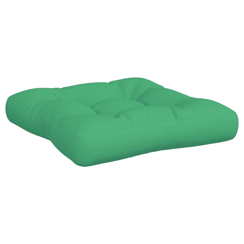 A set of three green polyester pallet cushions, including one seat pad and two back cushions.