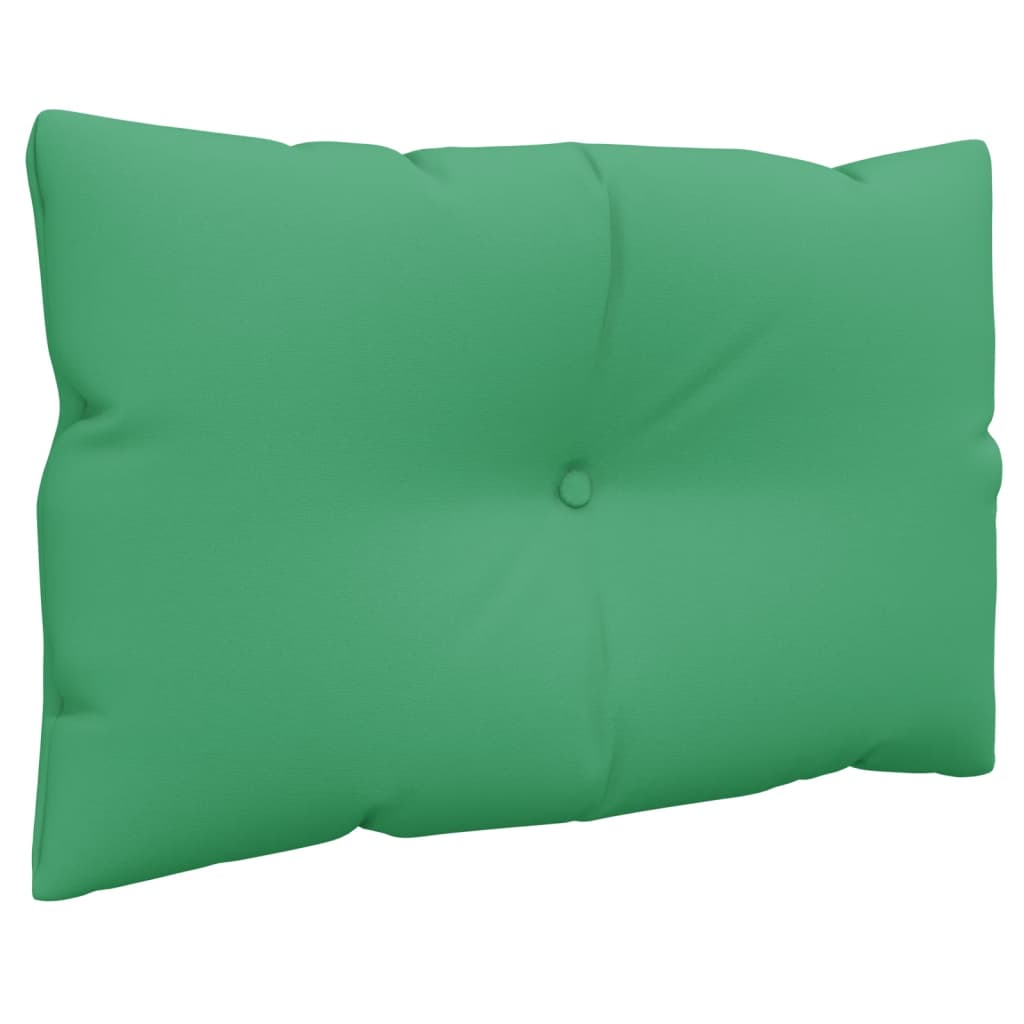 A set of three green polyester pallet cushions, including one seat pad and two back cushions.