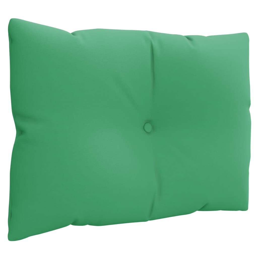 Set of three green polyester pallet cushions with button detail and soft texture.