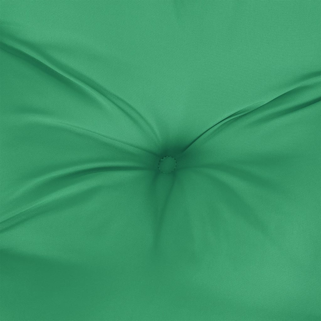 Close-up of green polyester pallet cushion with tufted center and folds.