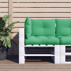 Three-piece green polyester pallet cushion set with seat and back cushions for outdoor use.