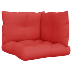 Red polyester pallet cushions set of three with tufted seats and backs for outdoor use.