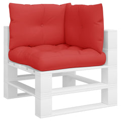 Red polyester cushions on a white pallet corner seat for outdoor use.