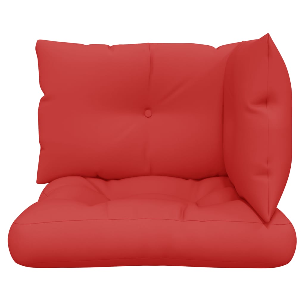 Set of three red polyester outdoor pallet cushions with back and side support pillows