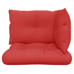 Set of three red polyester outdoor pallet cushions with back and side support pillows