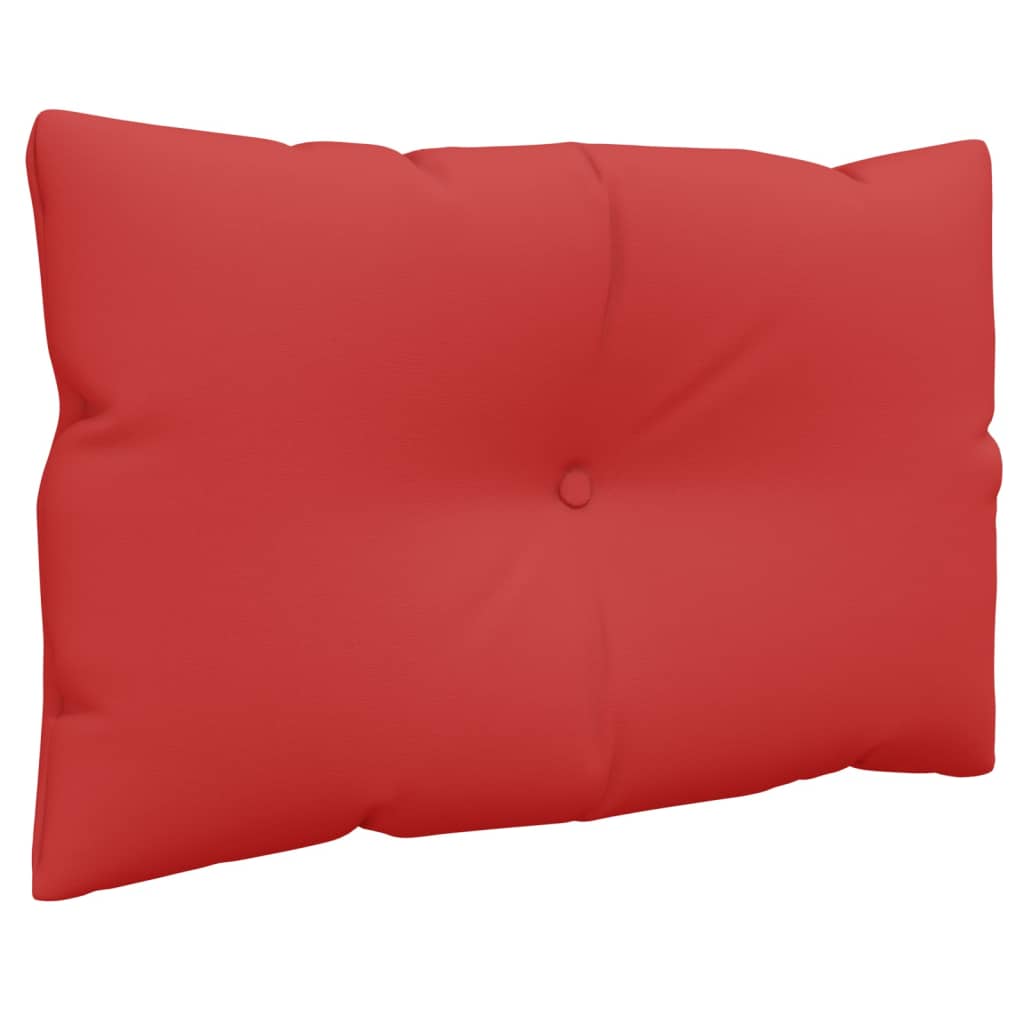 Set of three red polyester pallet cushions for outdoor use, including seat, back, and side.