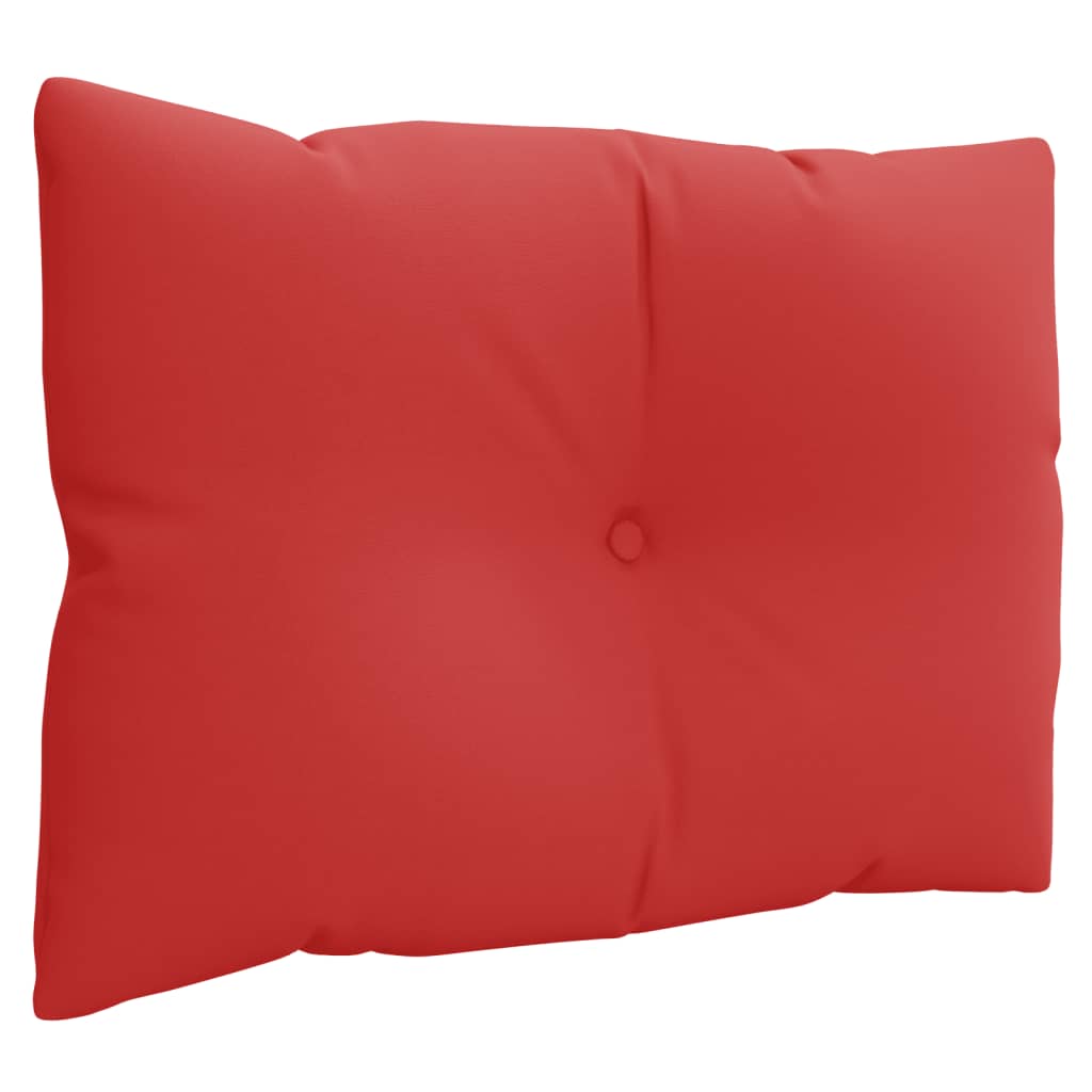 Set of three red polyester pallet cushions for outdoor use with button tufting detail.