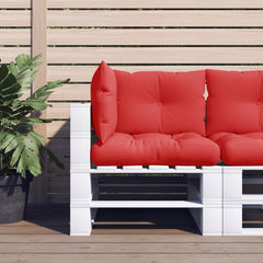 Set of three red polyester outdoor pallet cushions with back, seat, and side cushions.