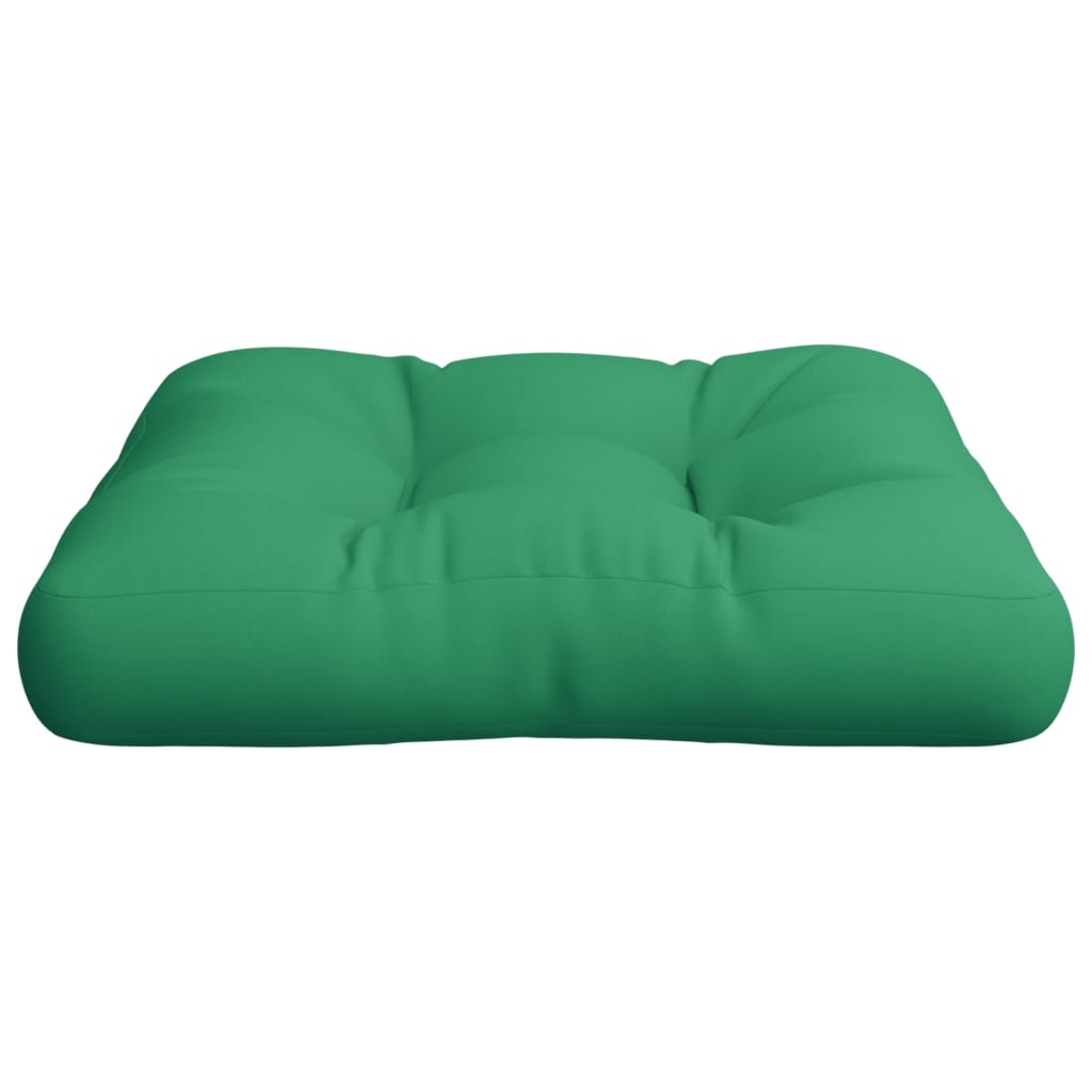Green polyester pallet cushion with tufted design, water-resistant for outdoor use.