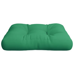 Green polyester pallet cushion with tufted design, water-resistant for outdoor use.